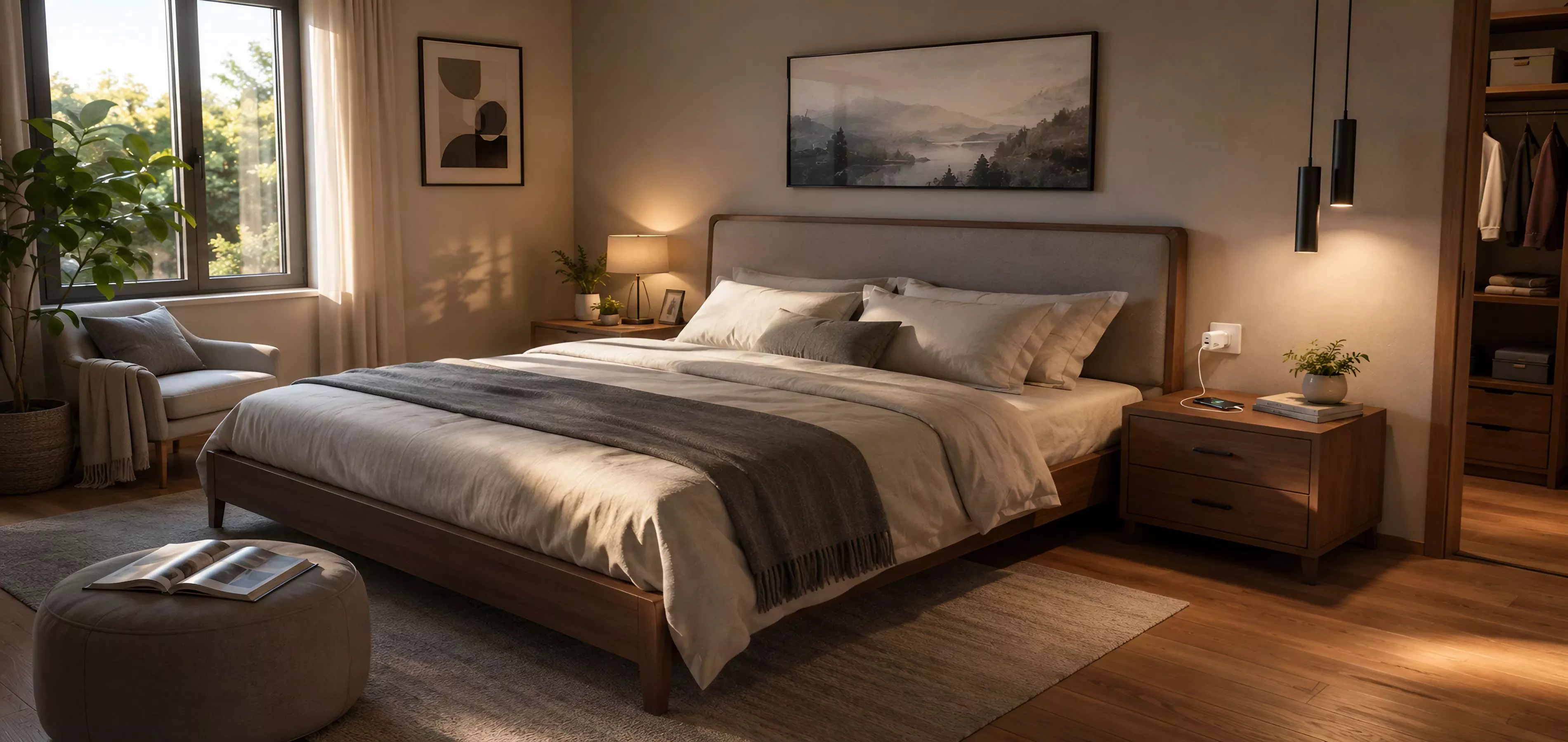 اتاق خواب مدرن با شارژر دیواری، کابل شارژ و تلفن همراه