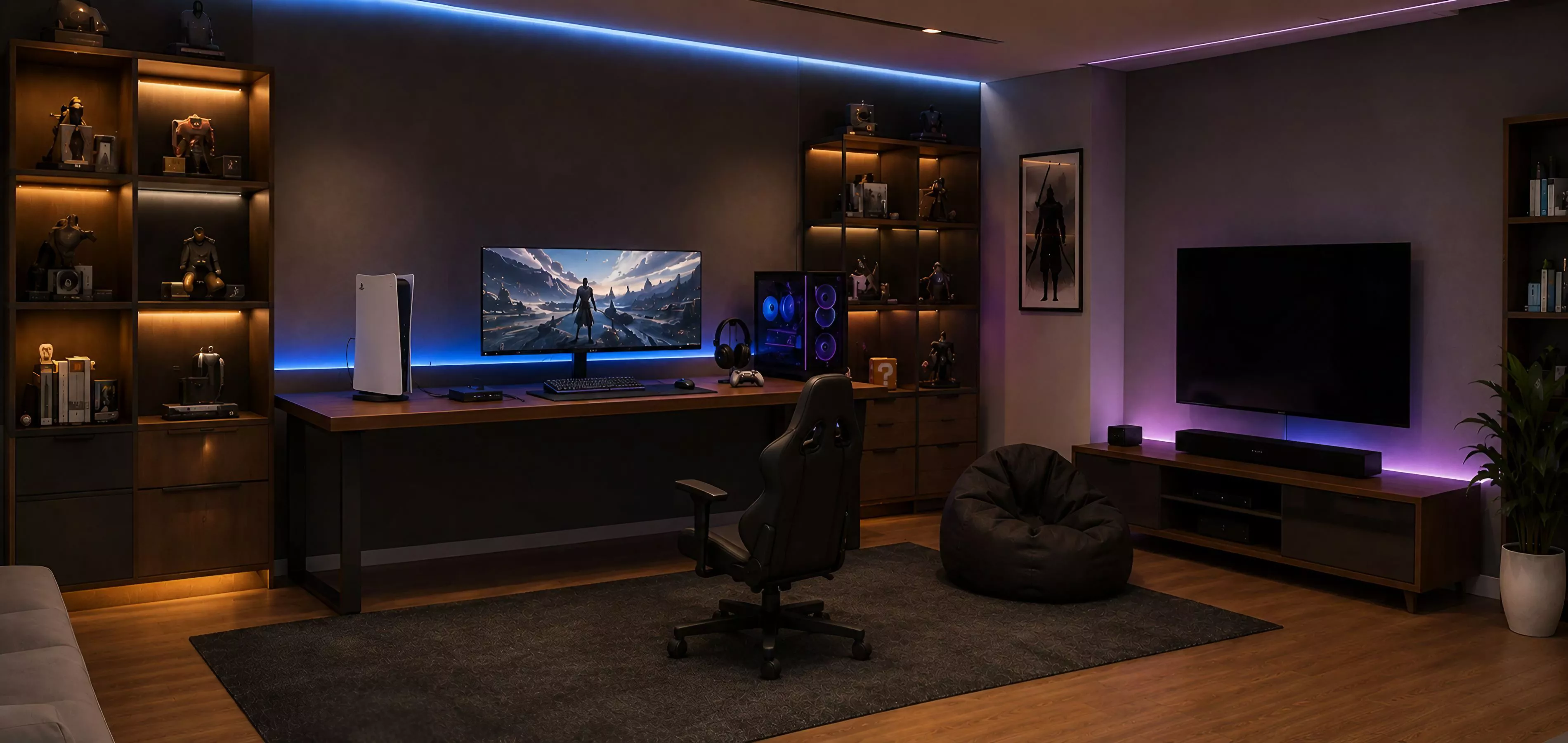 اتاق گیمینگ با کنسول PS5، کارت کپچر، کابل HDMI 2.1 و تجهیزات شبکه