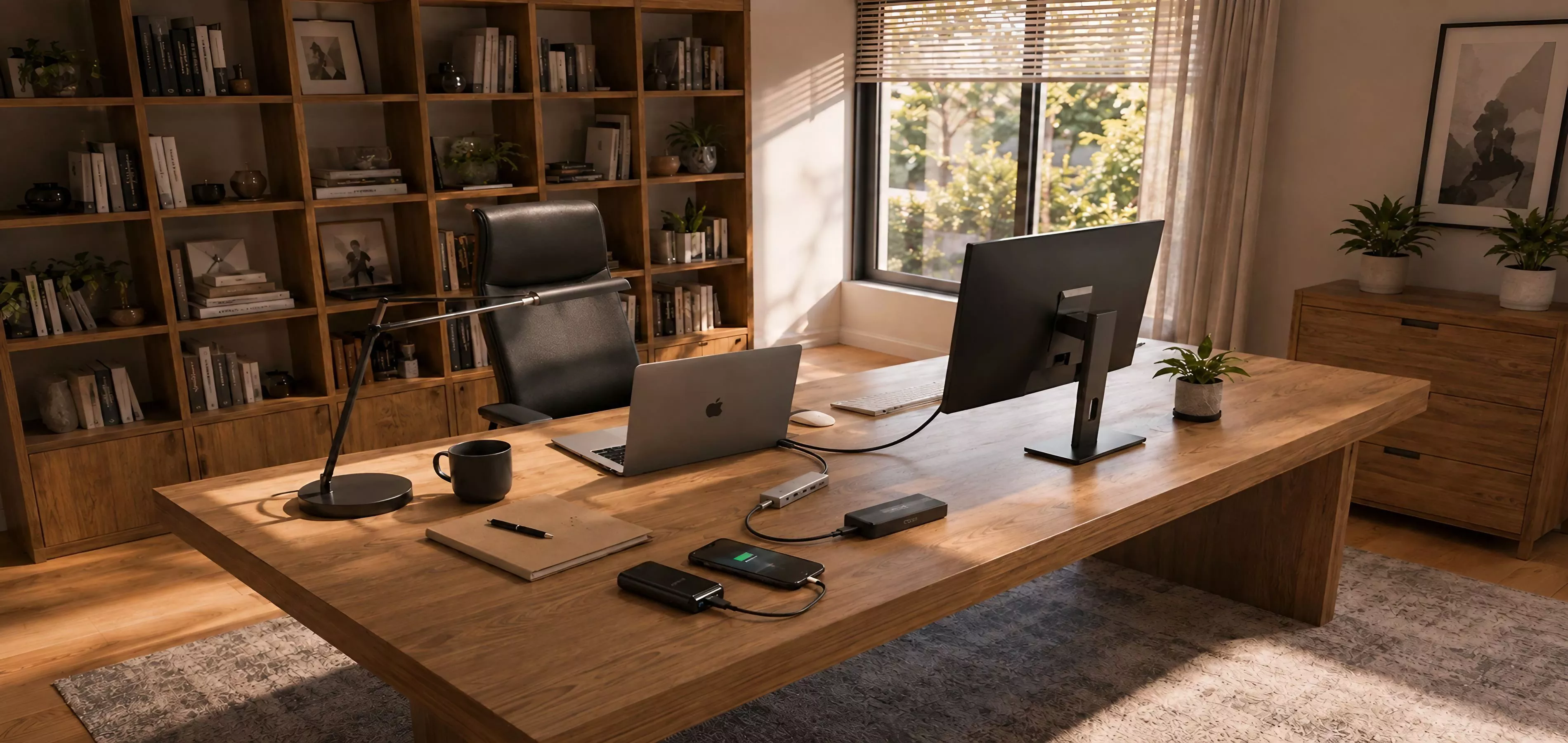 میز کار خانگی با لپ‌تاپ، هاب Type-C، باکس NVMe، کابل HDMI و پاوربانک