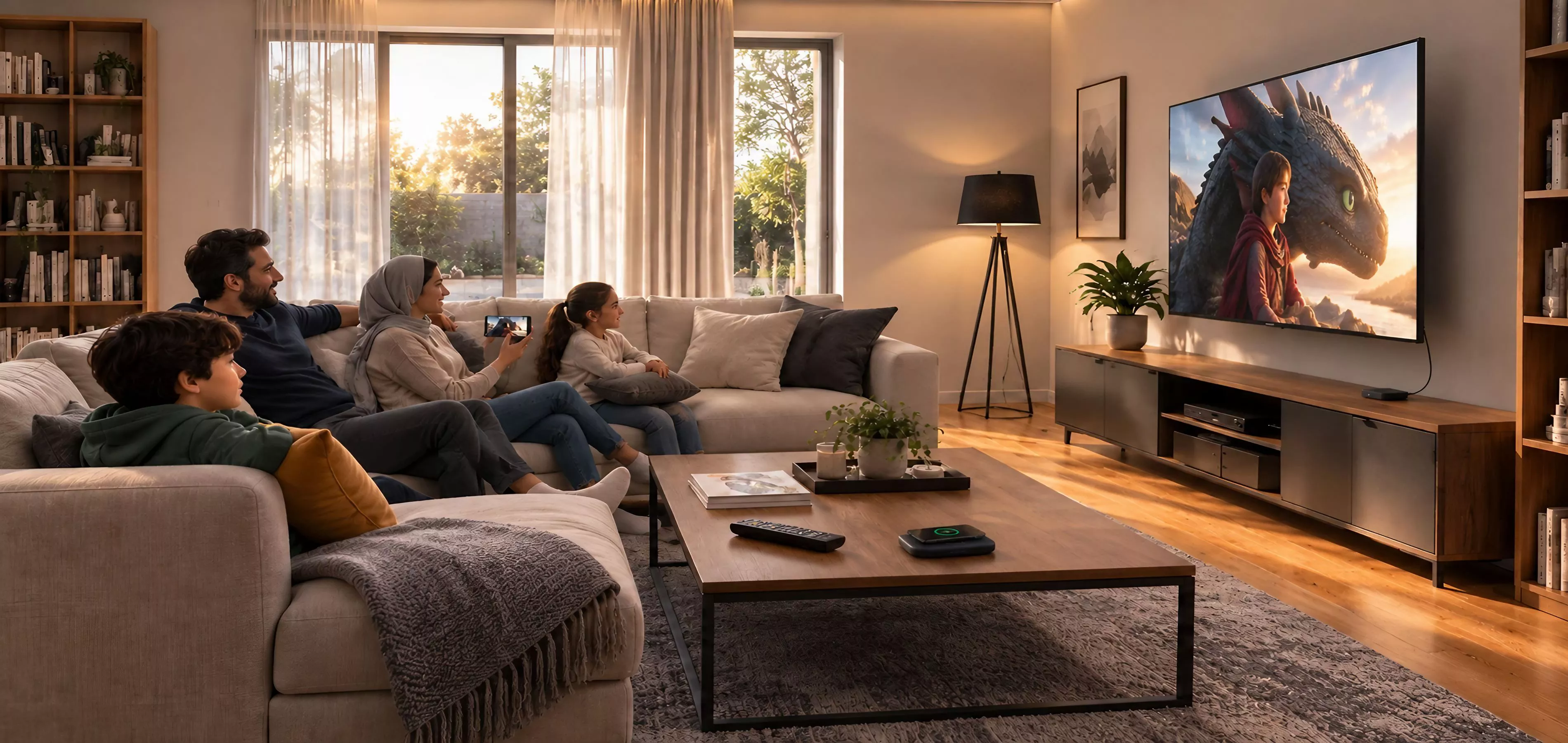 فضای نشیمن با تلویزیون، دانگل HDMI و پاوربانک بی‌سیم