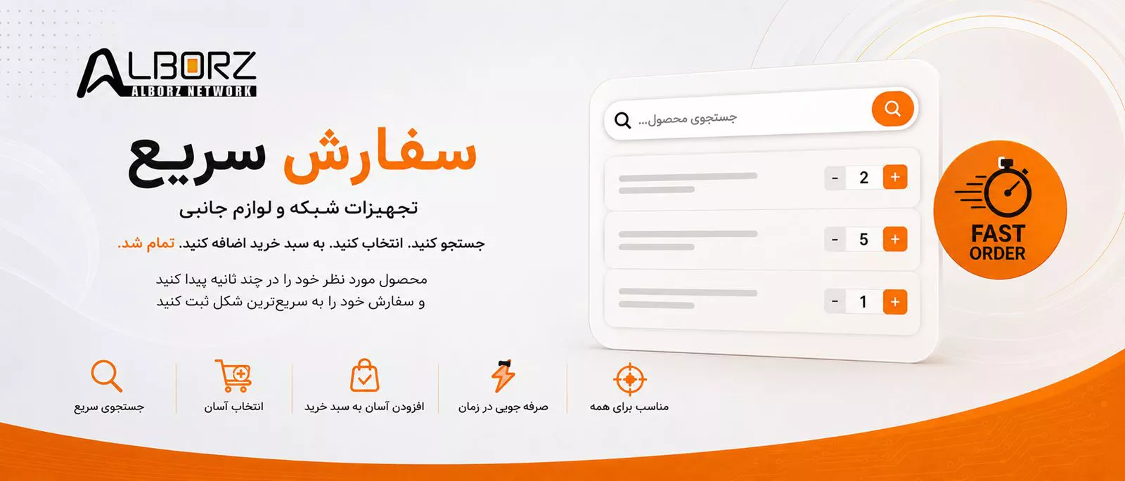 بنر صفحه سفارش سریع شبکه البرز برای جستجو، انتخاب و ثبت سفارش سریع تجهیزات شبکه، کابل، مبدل و لوازم جانبی با امکان خرید تکی و عمده